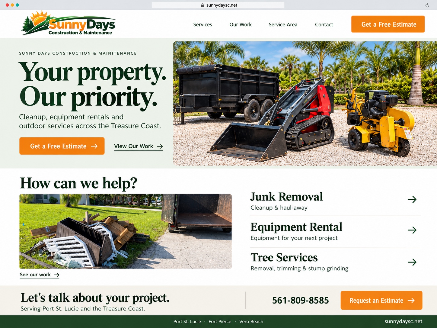 Dump trailer, mini skid steer and stump grinder on a Treasure Coast property